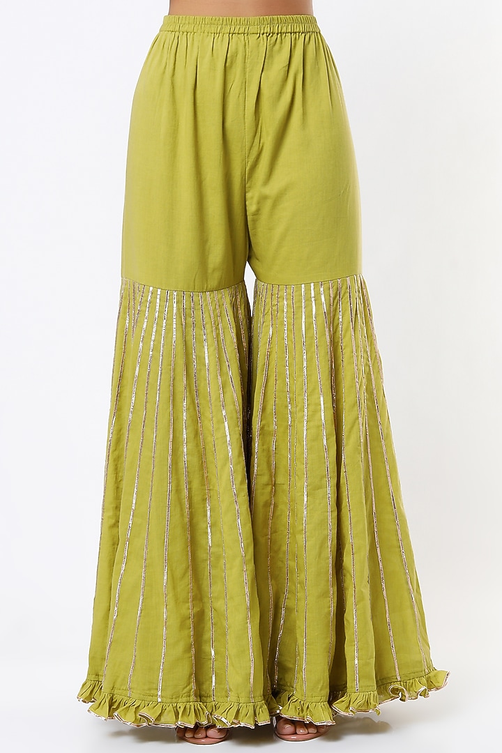 Olive Green Silk Chanderi Wedding Sharara Set by Pink City By Sarika at Pernia's Pop Up Shop