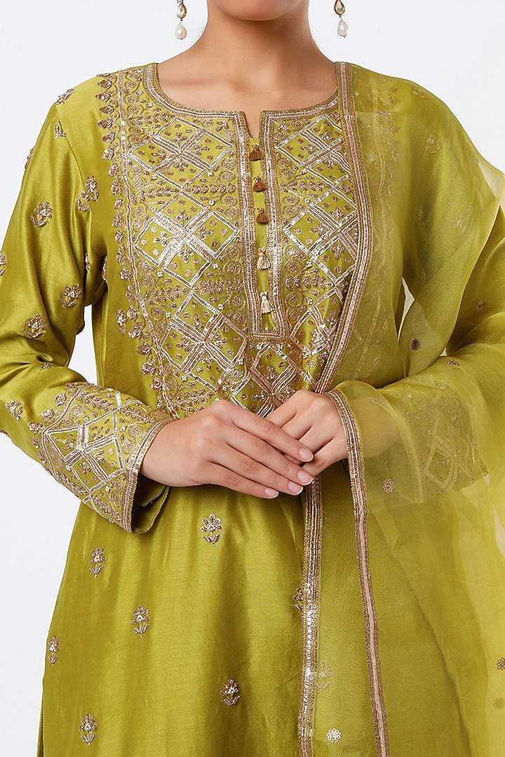 Olive Green Silk Chanderi Wedding Sharara Set by Pink City By Sarika at Pernia's Pop Up Shop