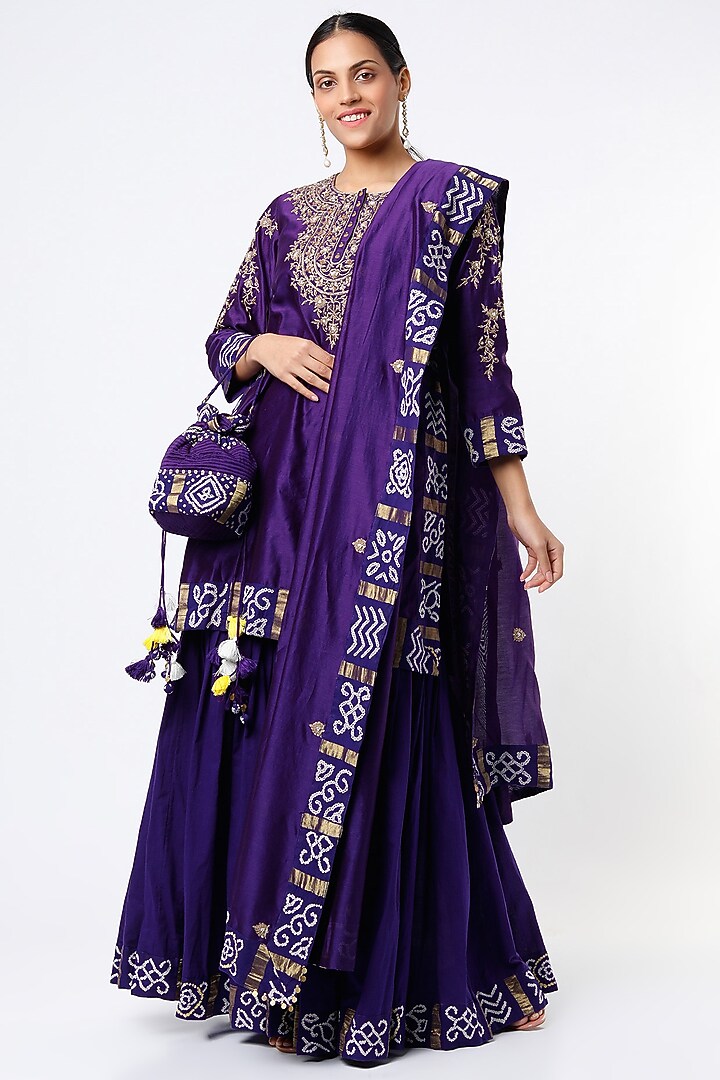 Purple Silk Chanderi & Cotton Hand Embroidered Gharara Set by Pink City By Sarika at Pernia's Pop Up Shop