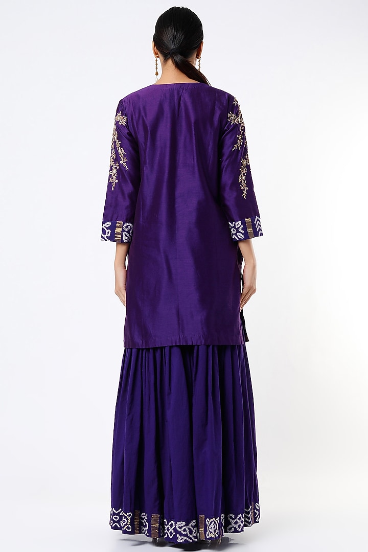 Purple Silk Chanderi & Cotton Hand Embroidered Gharara Set by Pink City By Sarika at Pernia's Pop Up Shop