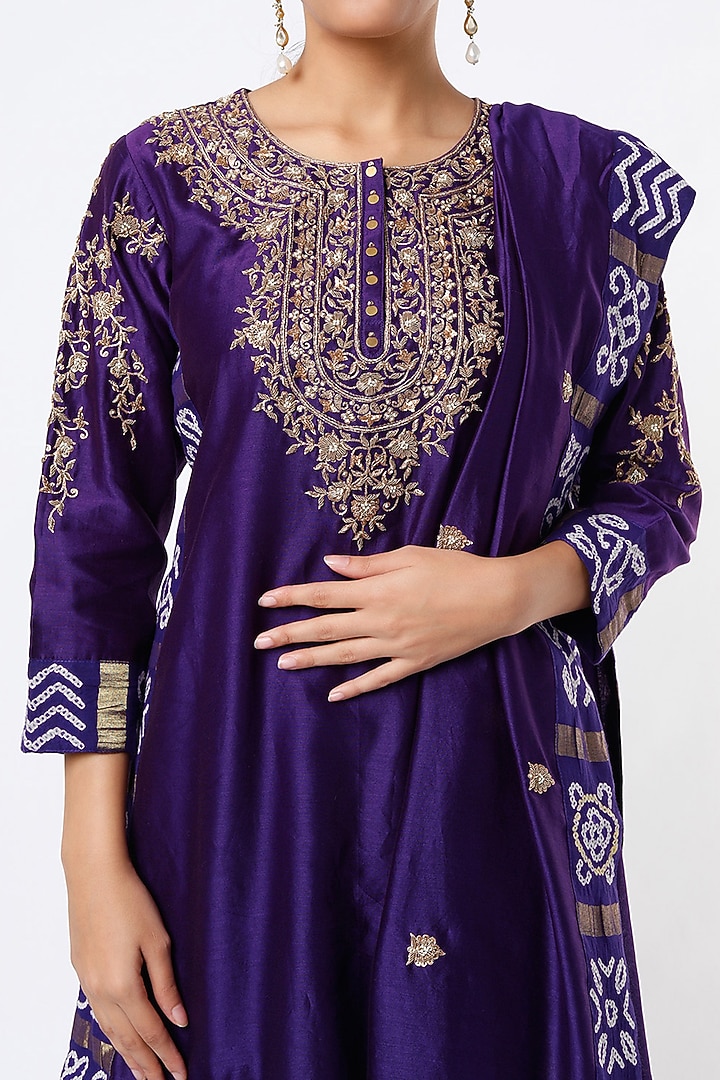 Purple Silk Chanderi & Cotton Hand Embroidered Gharara Set by Pink City By Sarika at Pernia's Pop Up Shop
