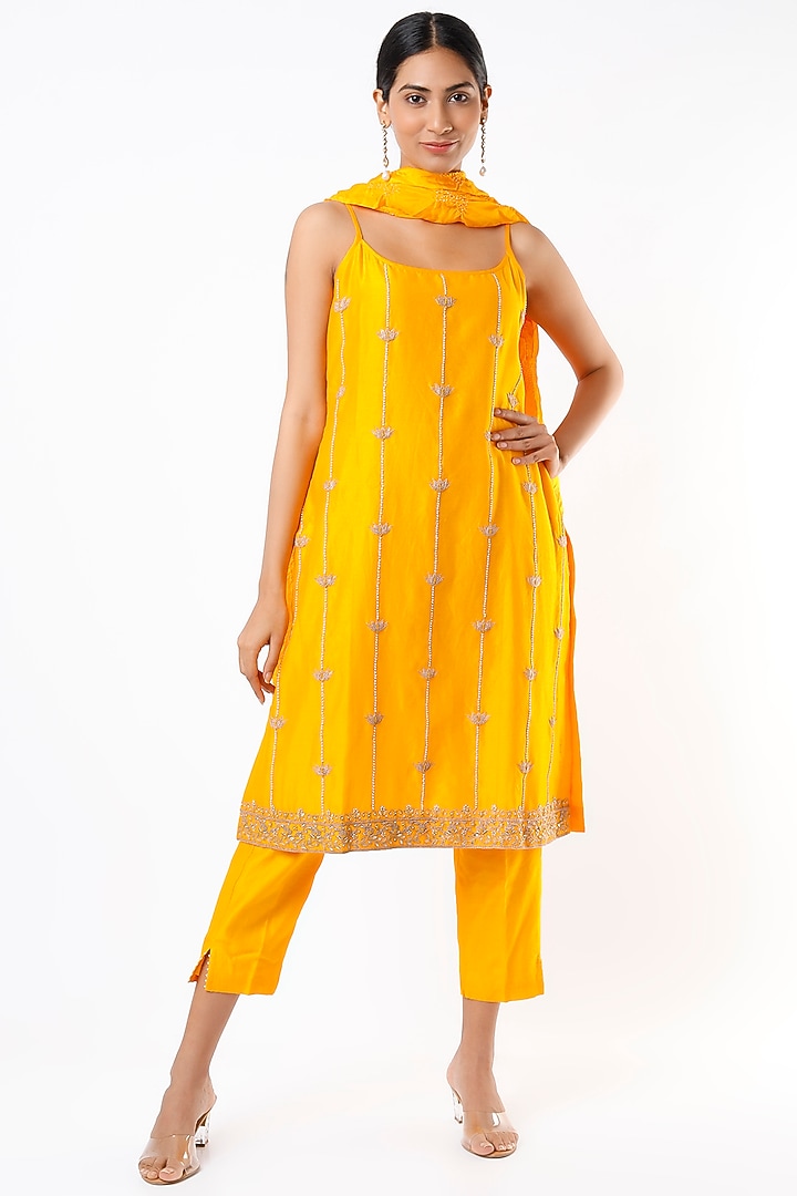 Mustard Embroidered Kurta Set by Pink City By Sarika at Pernia's Pop Up Shop