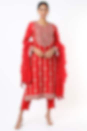 Red Embroidered Kurta Set by Pink City By Sarika