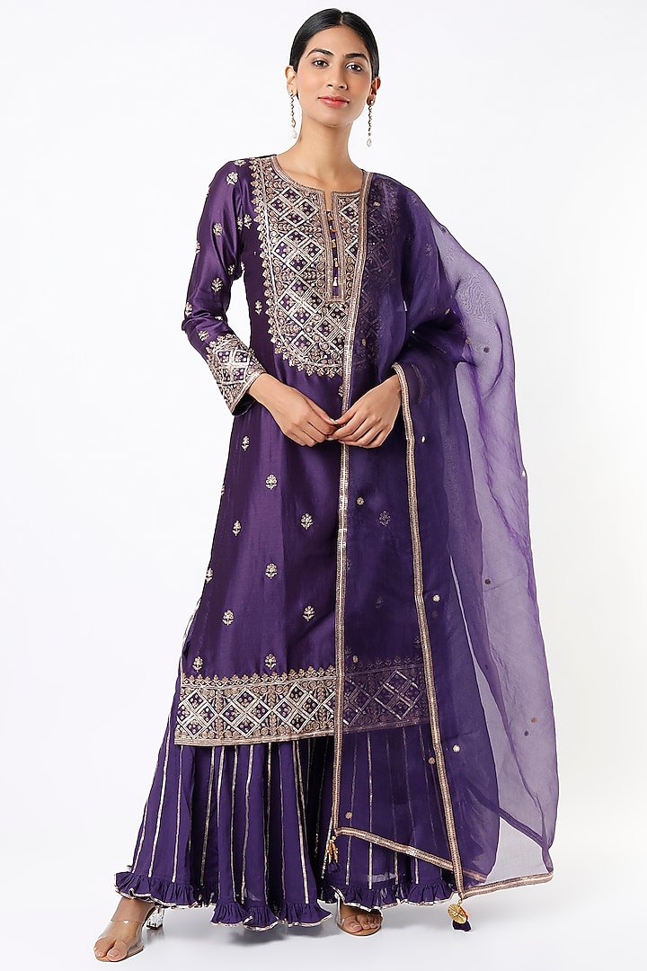 Violet Silk Chanderi Sharara Set by Pink City By Sarika at Pernia's Pop Up Shop