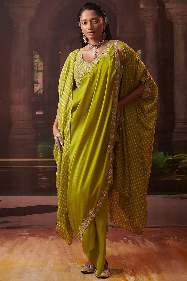 Lime Green Silk Drape Skirt Saree With Cape by Pink City By Sarika