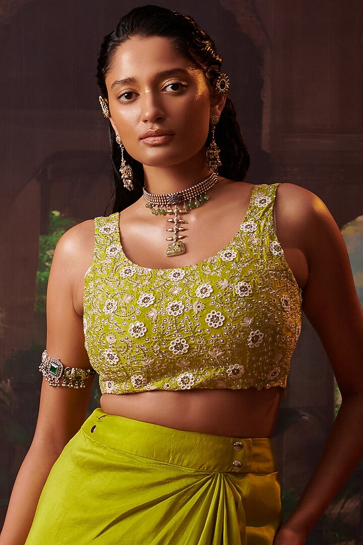 Lime Green Silk Drape Skirt Wedding Saree With Cape by Pink City By Sarika at Pernia's Pop Up Shop