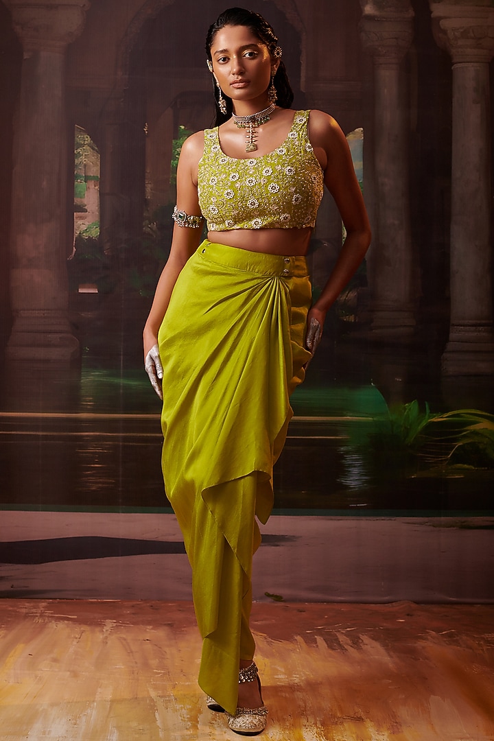 Lime Green Silk Drape Skirt Wedding Saree With Cape by Pink City By Sarika at Pernia's Pop Up Shop