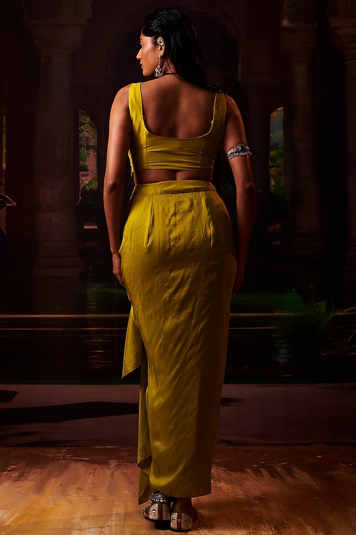 Lime Green Silk Drape Skirt Wedding Saree With Cape by Pink City By Sarika at Pernia's Pop Up Shop