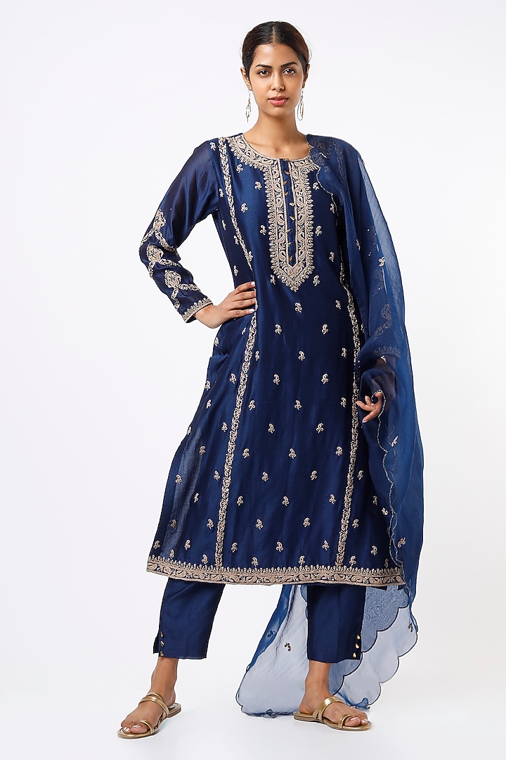 Dark Blue Embroidered Kurta Set by Pink City By Sarika at Pernia's Pop Up Shop