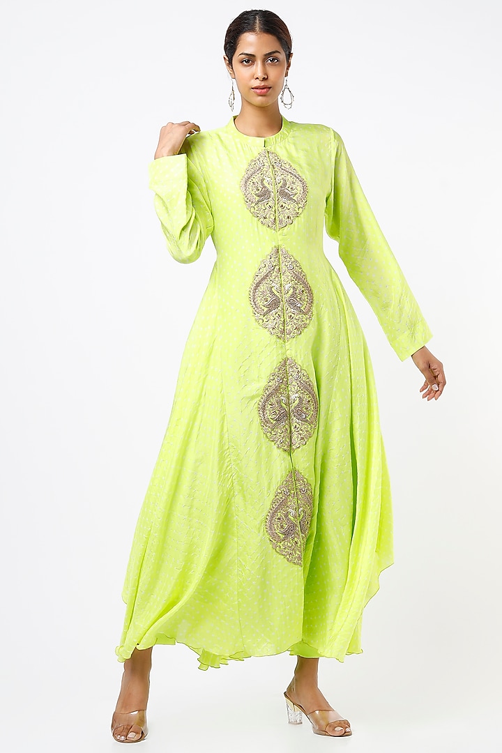 Lime Green Bandhani Gown by Pink City By Sarika