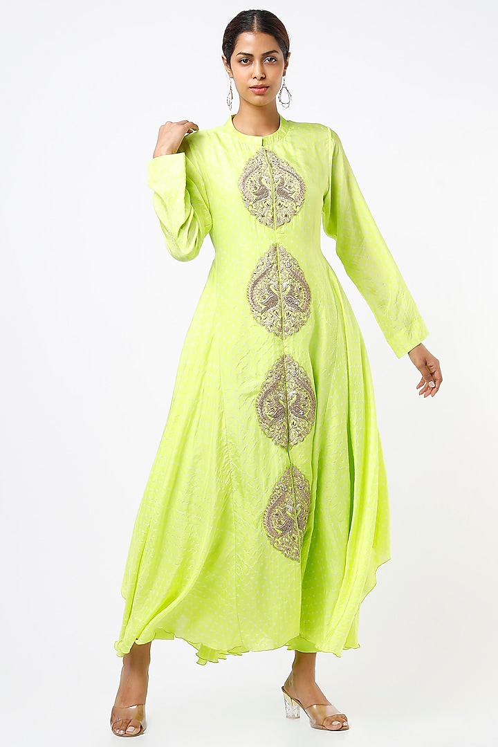 Lime Green Bandhani Gown by Pink City By Sarika at Pernia's Pop Up Shop