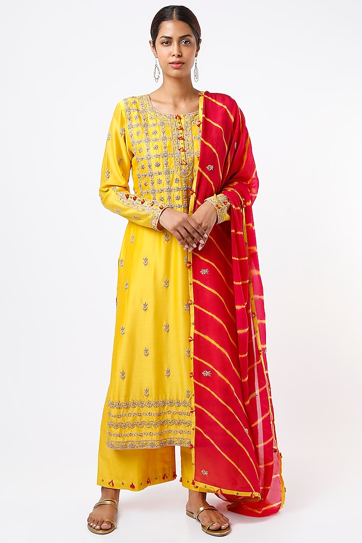 Yellow Embroidered Kurta Set by Pink City By Sarika at Pernia's Pop Up Shop