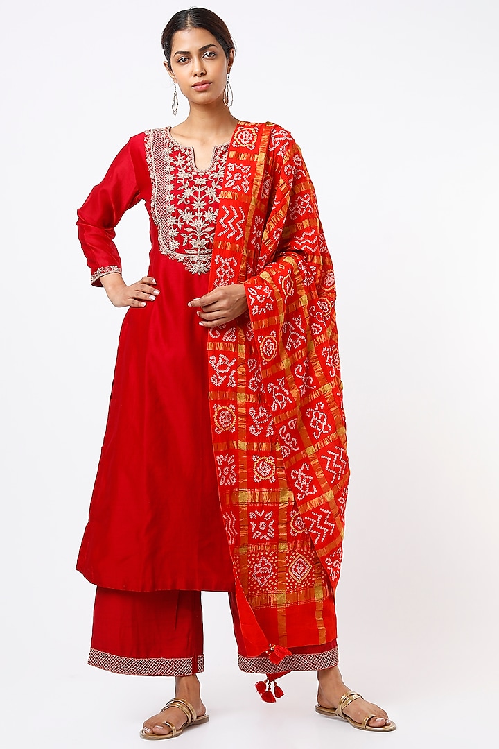 Red Embroidered Kurta Set by Pink City By Sarika