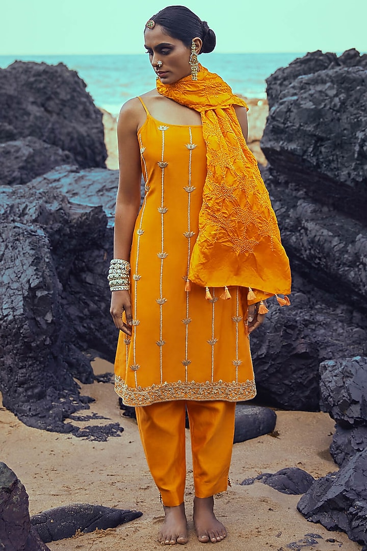 Mustard Hand Embroidered Kurta Set by Pink City By Sarika at Pernia's Pop Up Shop