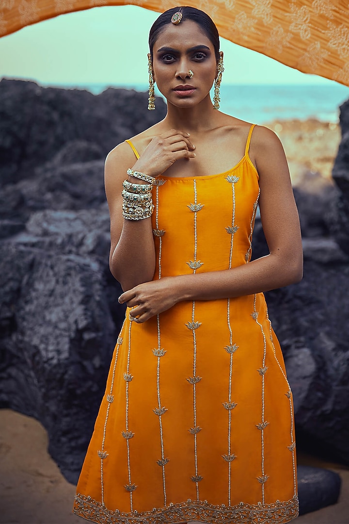 Mustard Hand Embroidered Kurta Set by Pink City By Sarika at Pernia's Pop Up Shop