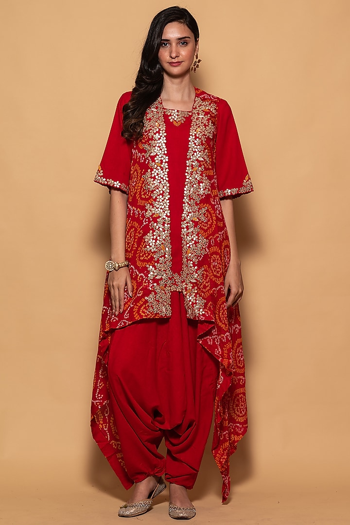 Red Bandhani Cape Set by Pink City By Sarika