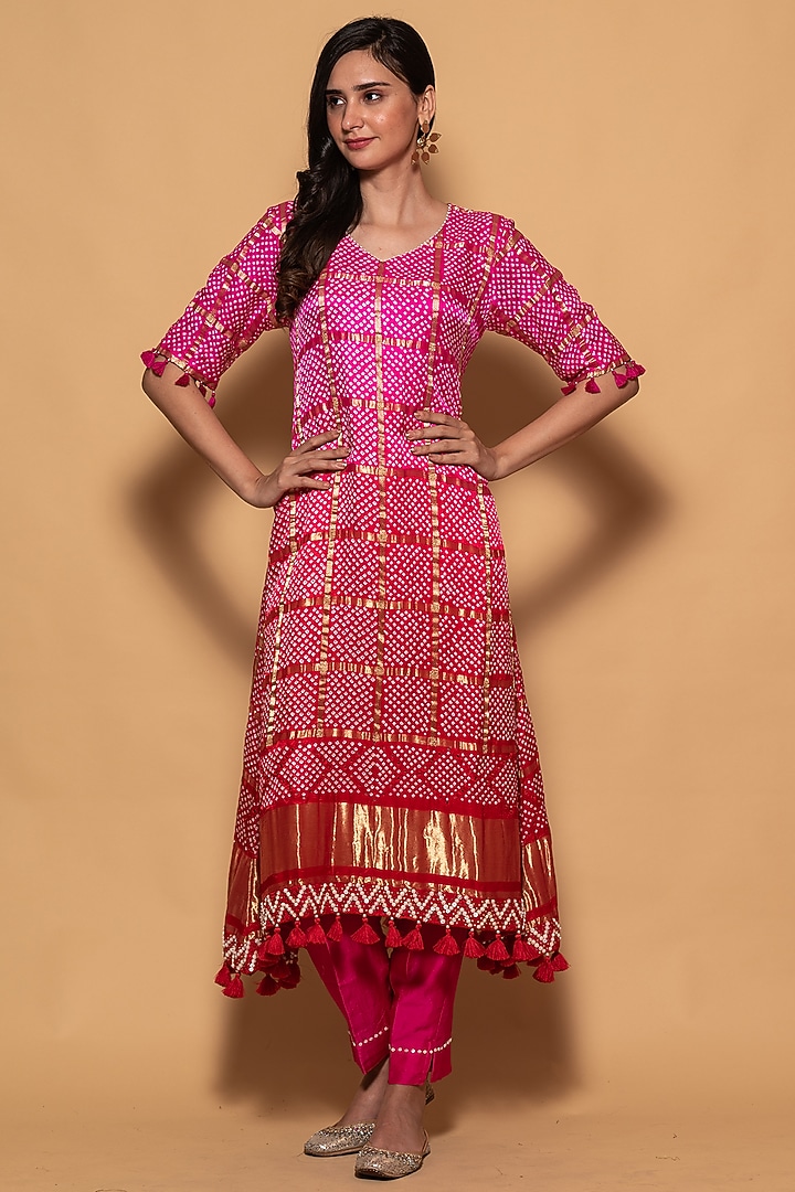 Rani Red Hand Embroidered Garchola Tunic Set by Pink City By Sarika at Pernia's Pop Up Shop