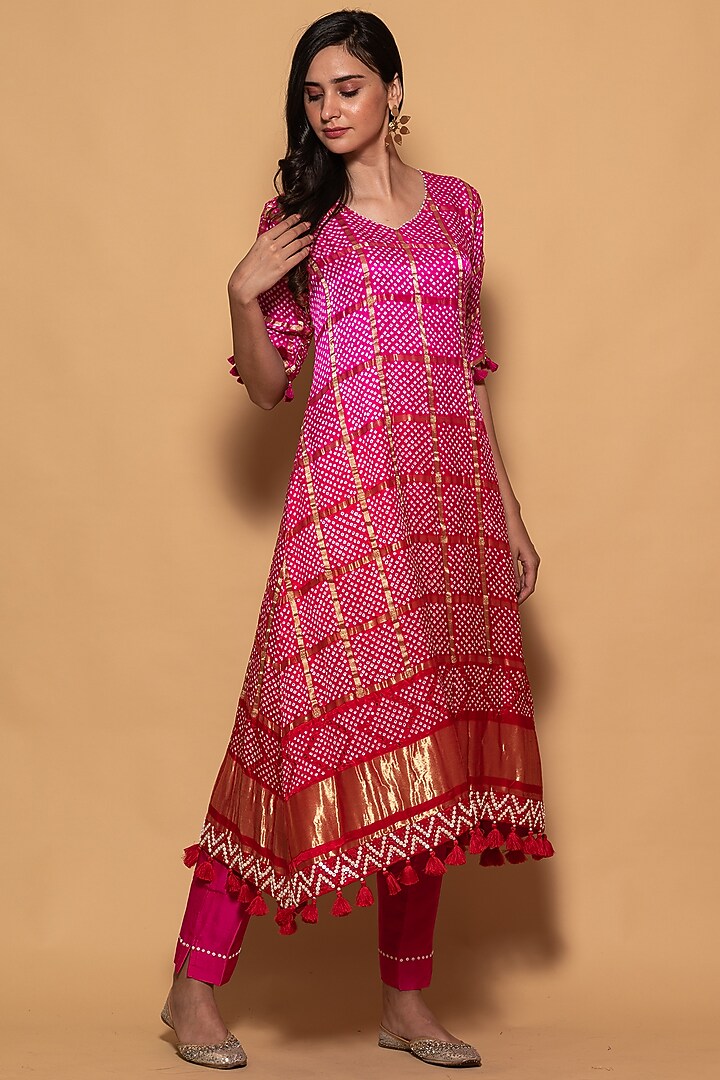 Rani Red Hand Embroidered Garchola Tunic Set by Pink City By Sarika at Pernia's Pop Up Shop