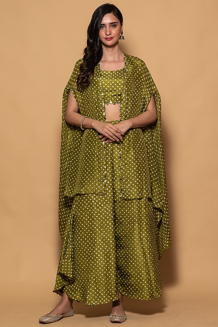 Mehendi Green Hand Embroidered Cape Set by Pink City By Sarika at Pernia's Pop Up Shop