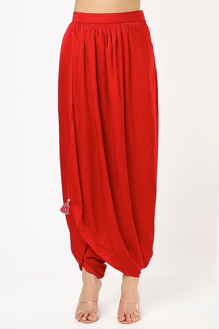 Red Modal Satin Dhoti Set by Pink City By Sarika at Pernia's Pop Up Shop