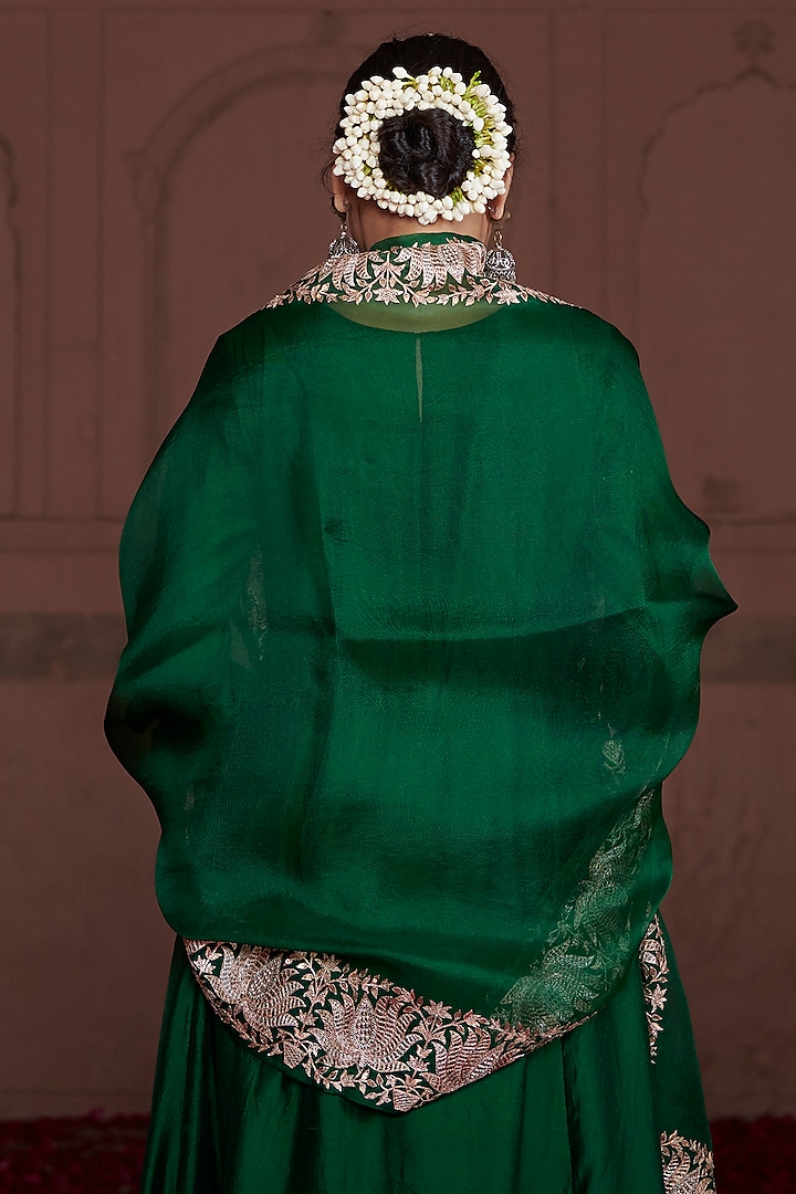 Emerald Green Silk Chanderi & Organza Embroidered Wedding Anarkali Set by Pink City By Sarika at Pernia's Pop Up Shop