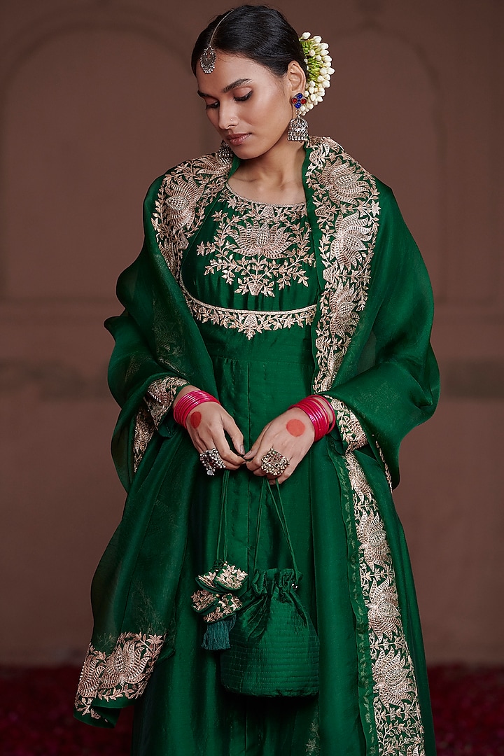 Emerald Green Silk Chanderi & Organza Embroidered Wedding Anarkali Set by Pink City By Sarika at Pernia's Pop Up Shop
