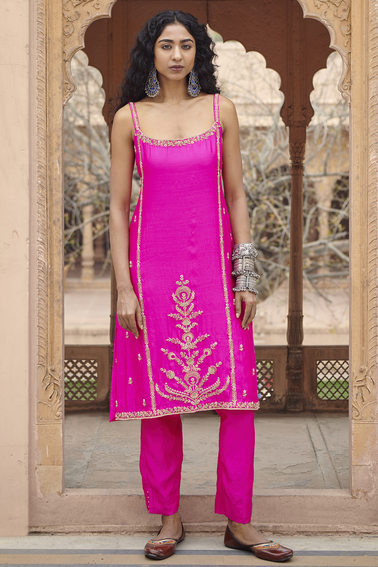 Hot Pink Silk Chanderi & Organza Embroidered Kurta Set by Pink City By Sarika