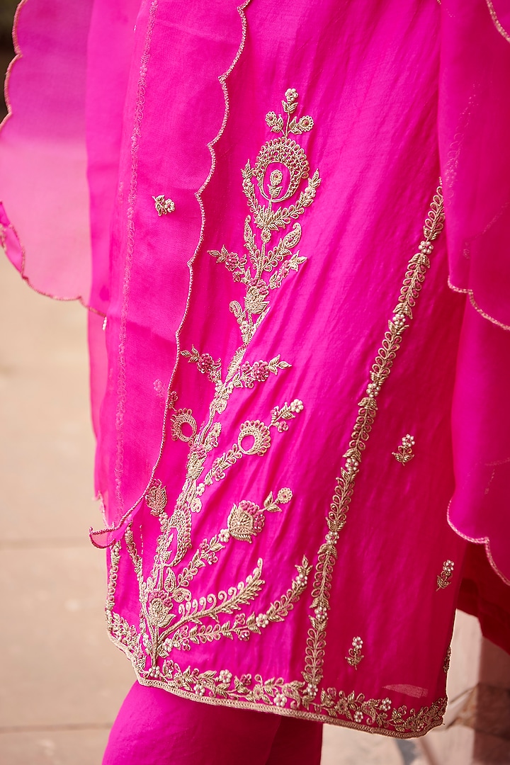 Hot Pink Silk Chanderi & Organza Embroidered Kurta Set by Pink City By Sarika at Pernia's Pop Up Shop