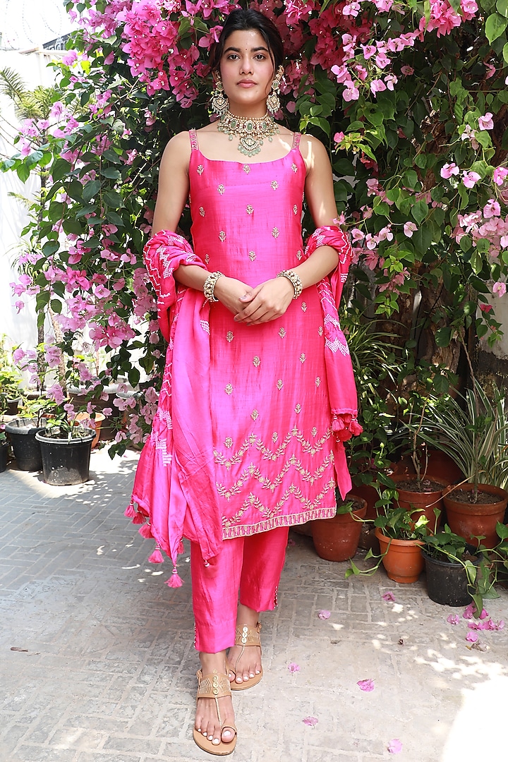 Hot Pink Silk Chanderi Embroidered Kurta Set by Pink City By Sarika at Pernia's Pop Up Shop