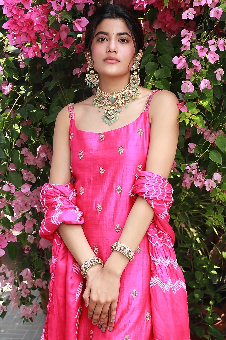 Hot Pink Silk Chanderi Embroidered Kurta Set by Pink City By Sarika at Pernia's Pop Up Shop