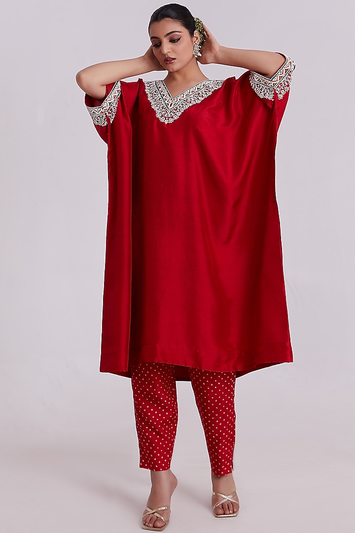 Red Silk Bead Embroidered Kaftan Set by Pink City By Sarika at Pernia's Pop Up Shop