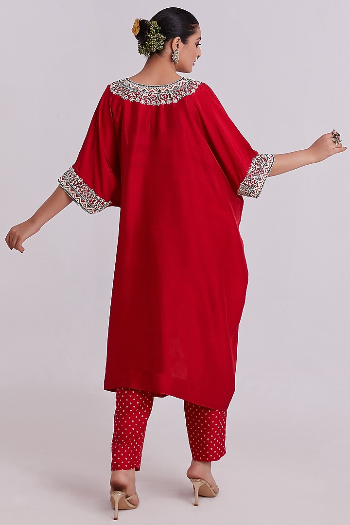 Red Silk Bead Embroidered Kaftan Set by Pink City By Sarika at Pernia's Pop Up Shop