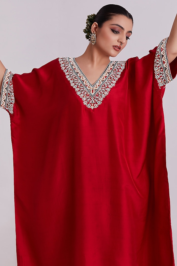 Red Silk Bead Embroidered Kaftan Set by Pink City By Sarika at Pernia's Pop Up Shop