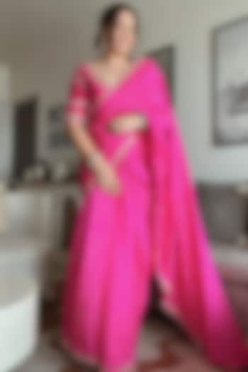 Hot Pink Silk Bandhani Saree Set by Pink City By Sarika