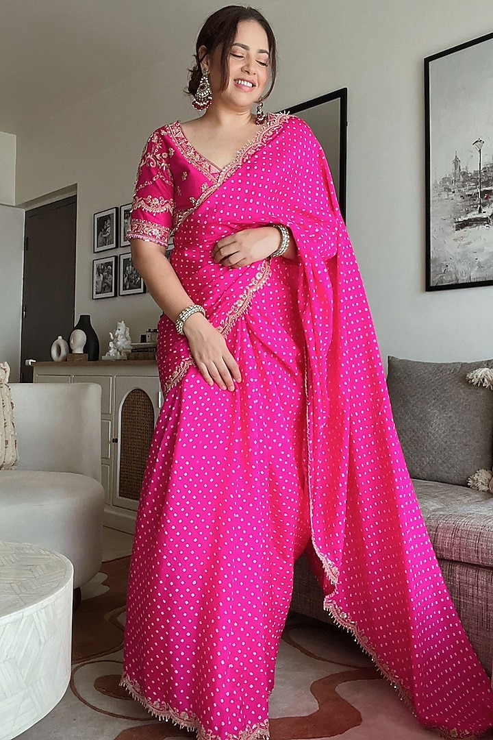Hot Pink Silk Bandhani Saree Set by Pink City By Sarika