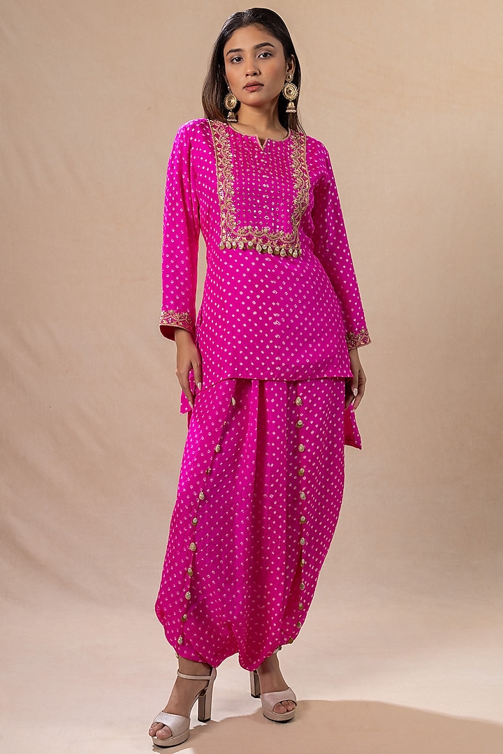 Pink Silk Embroidered Bandhani Kurta Set by Pink City By Sarika