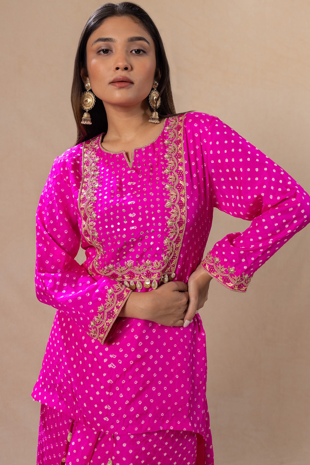 Pink - Plain Modal Silk A-Line Kurta with Bandhani Patchwork 08
