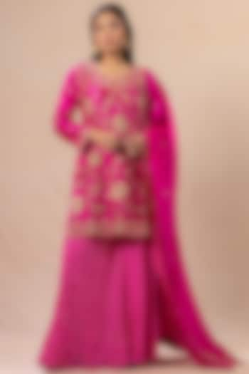 Hot Pink Silk Bandhani Sharara Set by Pink City By Sarika at Pernia's Pop Up Shop