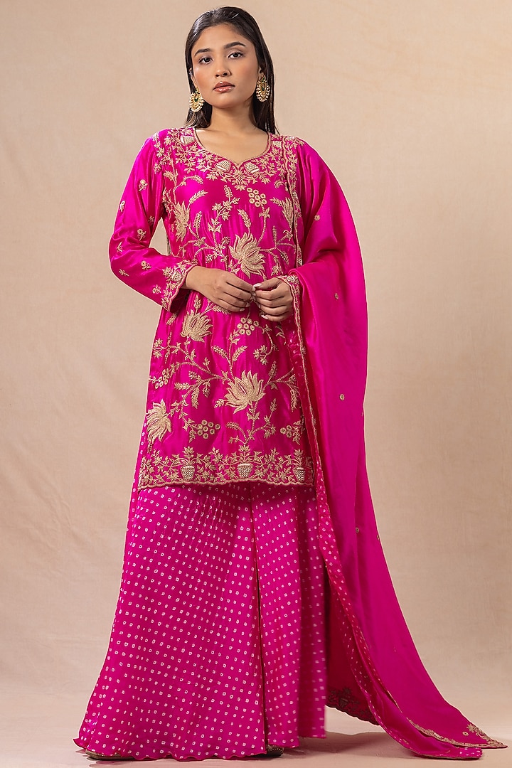Hot Pink Silk Bandhani Sharara Set by Pink City By Sarika