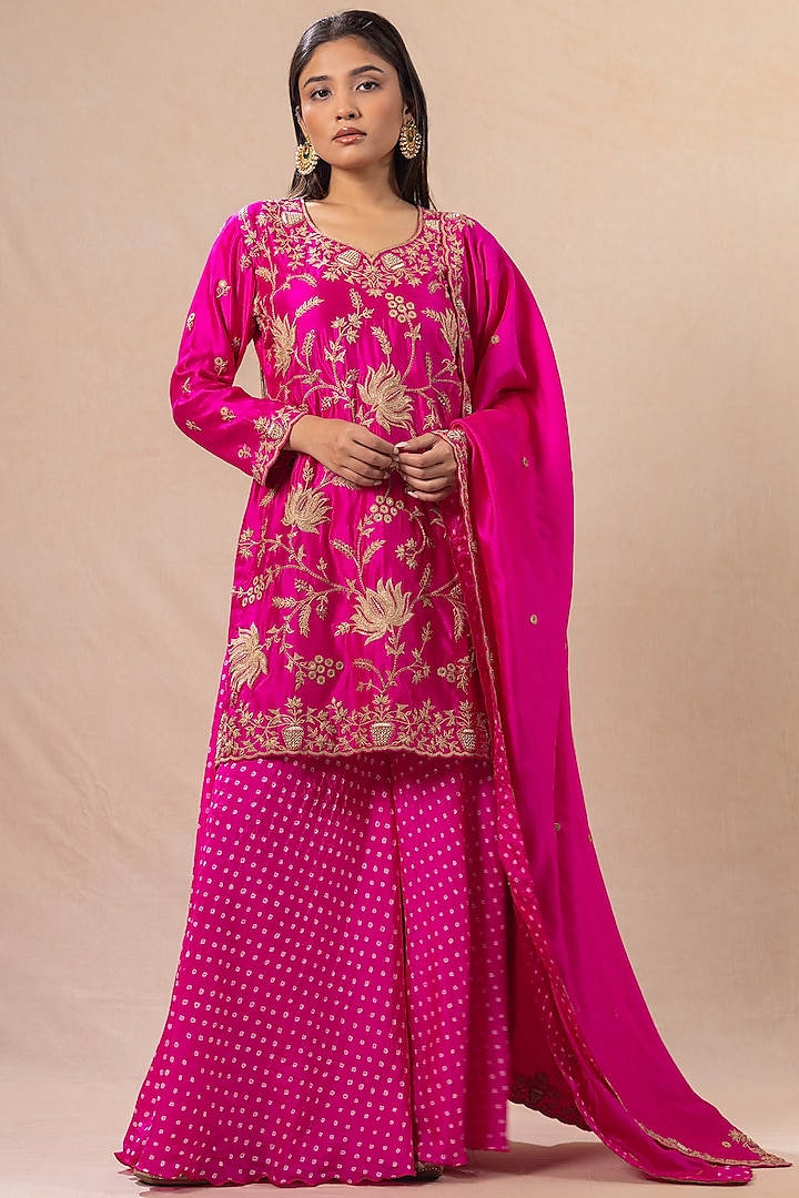 Hot Pink Silk Bandhani Sharara Set by Pink City By Sarika at Pernia's Pop Up Shop