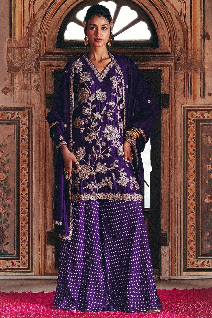 Purple Silk Bandhani Wedding Sharara Set by Pink City By Sarika at Pernia's Pop Up Shop
