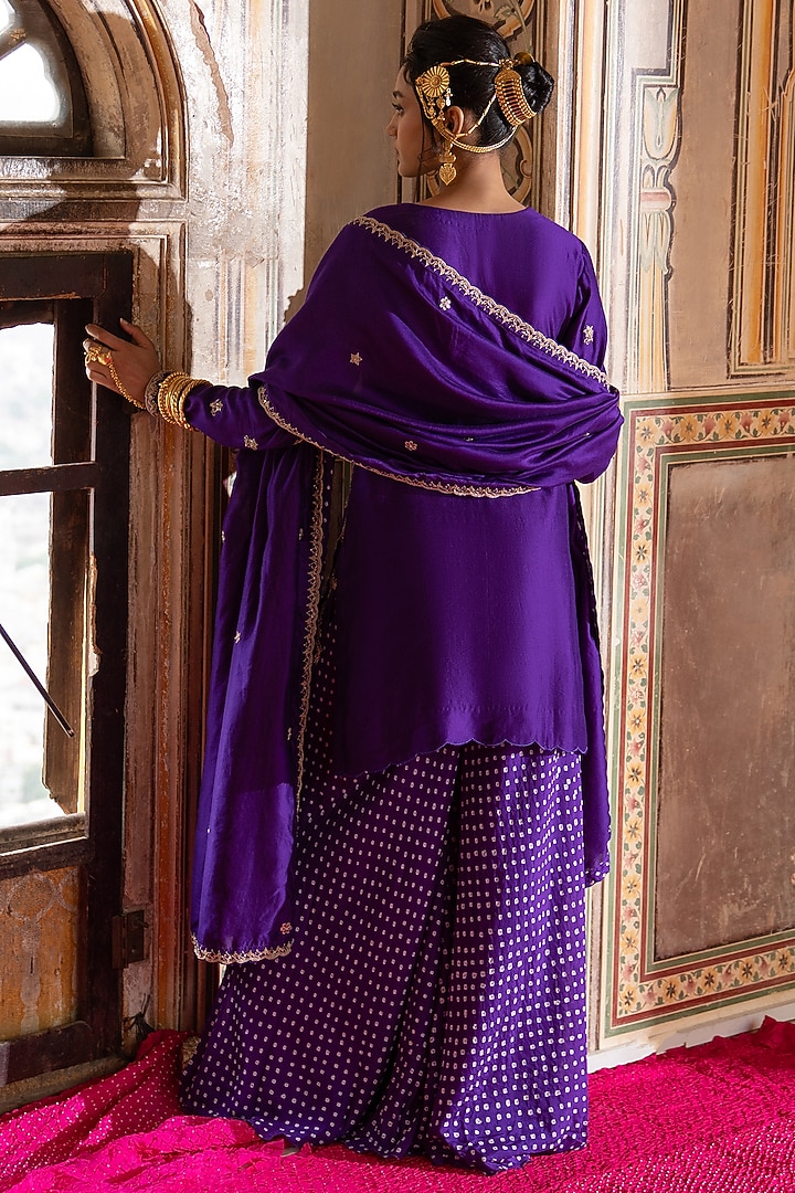 Purple Silk Bandhani Wedding Sharara Set by Pink City By Sarika at Pernia's Pop Up Shop