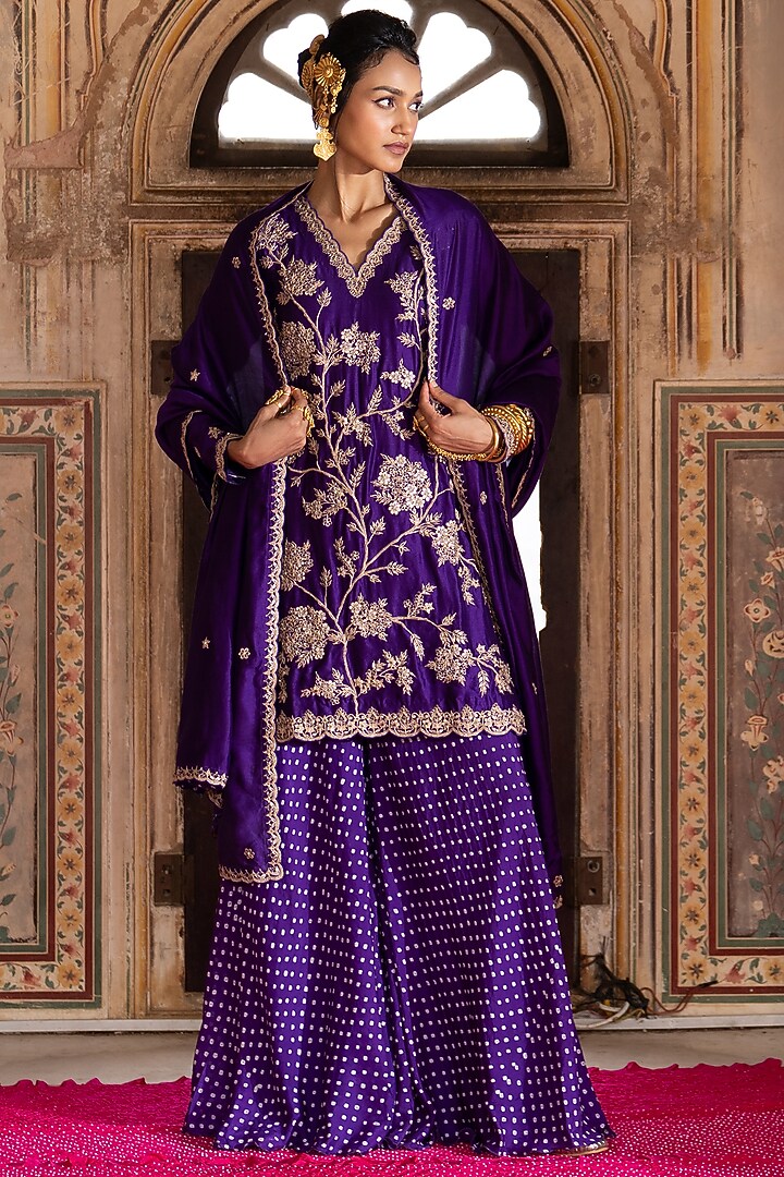 Purple Silk Bandhani Wedding Sharara Set by Pink City By Sarika at Pernia's Pop Up Shop
