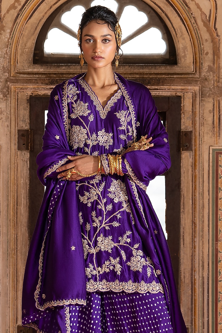 Purple Silk Bandhani Wedding Sharara Set by Pink City By Sarika at Pernia's Pop Up Shop