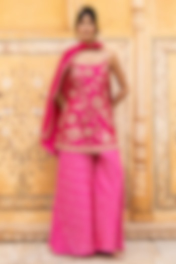 Rani Pink Silk Bandhani Wedding Sharara Set by Pink City By Sarika at Pernia's Pop Up Shop