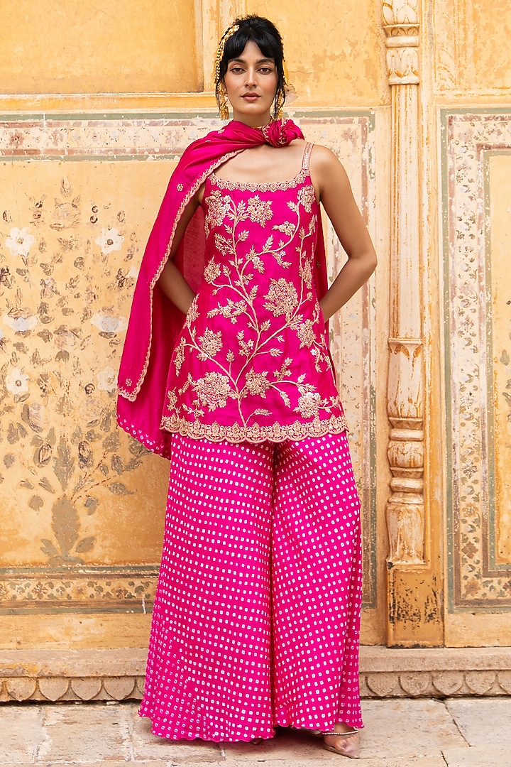 Rani Pink Silk Bandhani Wedding Sharara Set by Pink City By Sarika at Pernia's Pop Up Shop