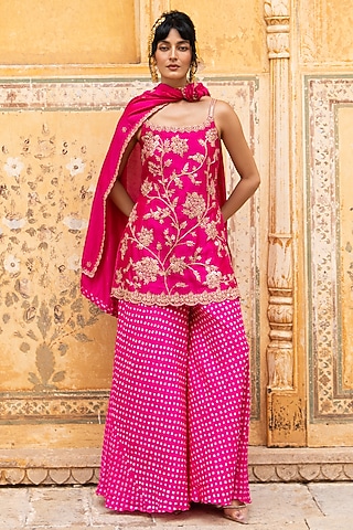 Rani Pink Silk Bandhani Sharara Set by Pink City By Sarika