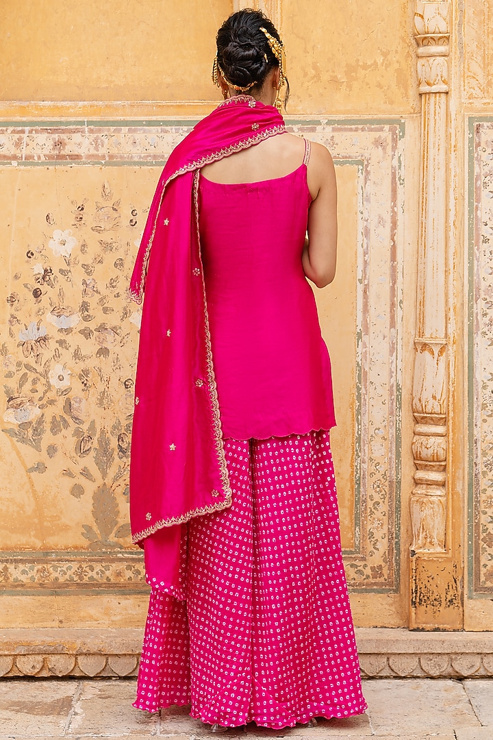Rani Pink Silk Bandhani Wedding Sharara Set by Pink City By Sarika at Pernia's Pop Up Shop