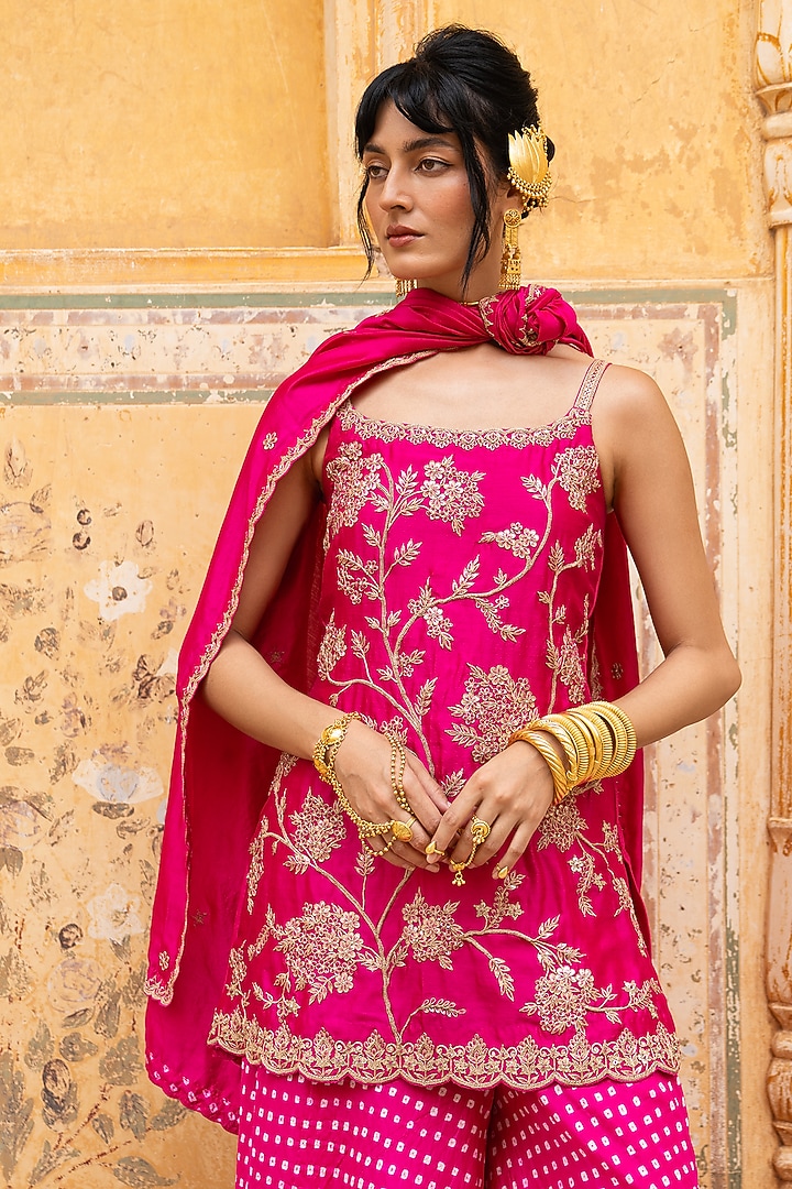 Rani Pink Silk Bandhani Wedding Sharara Set by Pink City By Sarika at Pernia's Pop Up Shop