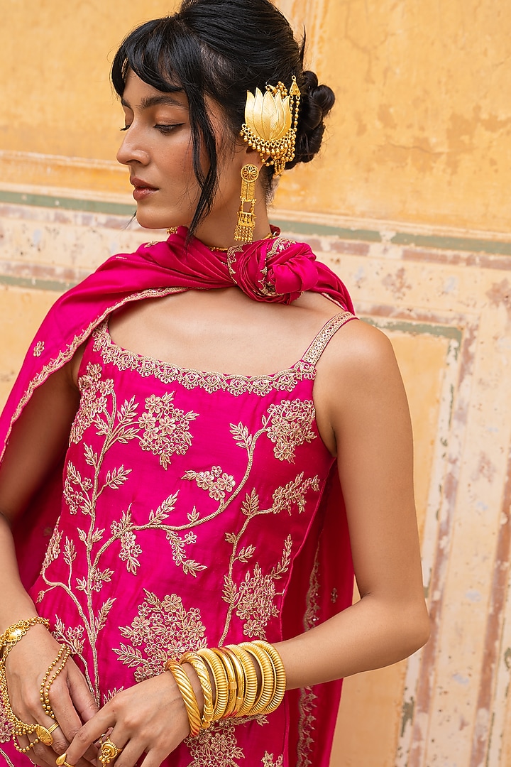 Rani Pink Silk Bandhani Wedding Sharara Set by Pink City By Sarika at Pernia's Pop Up Shop